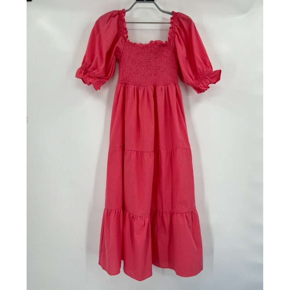 Pomander Place Tuckernuck Pink Hannah Dress sz Small Smocked Midi Puff Sleeve